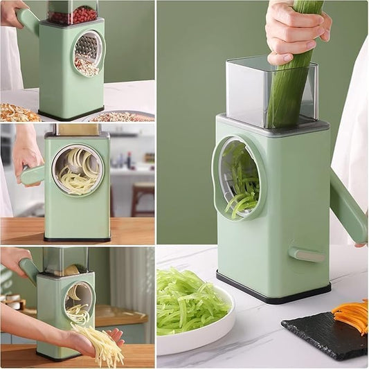 Manual Round Mandoline Vegetable Slicer – Multi-Functional Grater & Salad Maker with Large Feed Port and Suction Base for Vegetables, Fruits, Nuts & Cookies (Green)