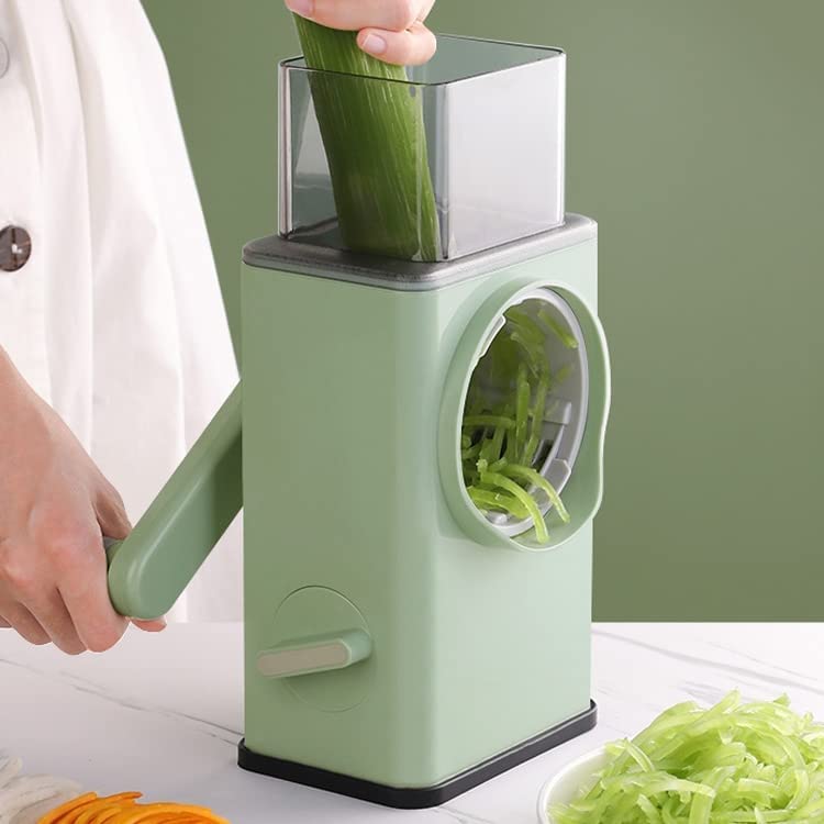 Manual Round Mandoline Vegetable Slicer – Multi-Functional Grater & Salad Maker with Large Feed Port and Suction Base for Vegetables, Fruits, Nuts & Cookies (Green)