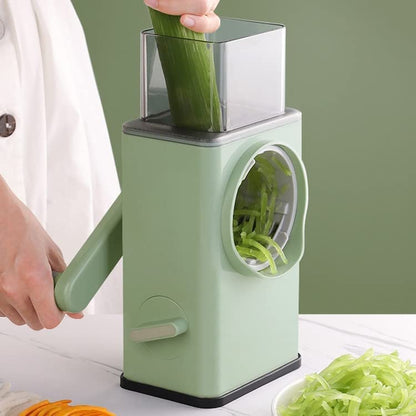 Manual Round Mandoline Vegetable Slicer – Multi-Functional Grater & Salad Maker with Large Feed Port and Suction Base for Vegetables, Fruits, Nuts & Cookies (Green)