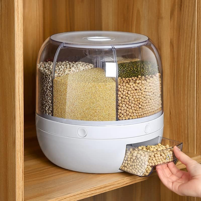 360° Rotating Dry Food Dispenser White 6-Grid 12  Lbs Round Cereal Dispenser