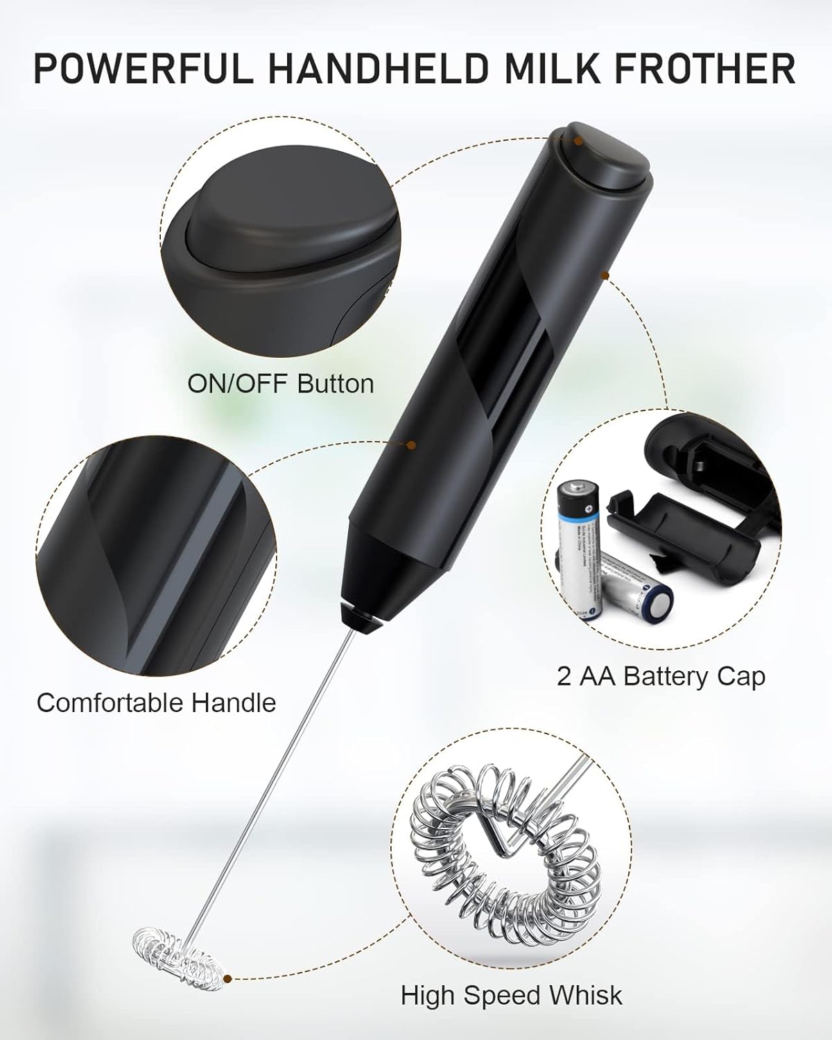 Milk Frother, Handheld Electric Egg Whisk USB Rechargeable Foam Maker with Stainless Steel Whisks & 3 Speed Adjustable Egg Beater Mini Blender Drink Mixer Milk Frother for Coffee Chocolate Egg Mix