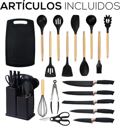 19-Piece Silicone Kitchen Utensil Set  with Stainless Steel Knives, Cutting  Board & Heat-Resistant Wooden  Handle Tools