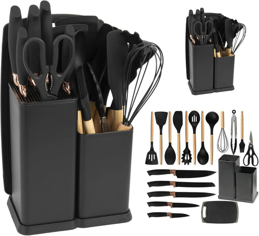19-Piece Silicone Kitchen Utensil Set  with Stainless Steel Knives, Cutting  Board & Heat-Resistant Wooden  Handle Tools