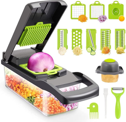 Vegetable Chopper – Multifunctional 13-in-1  Food Chopper, Onion Chopper, Vegetable Slicer,  Dicer, Cutter, 8 Blades, Colander Basket & Container for Salad,  Potato, Carrot, Veggie Prep
