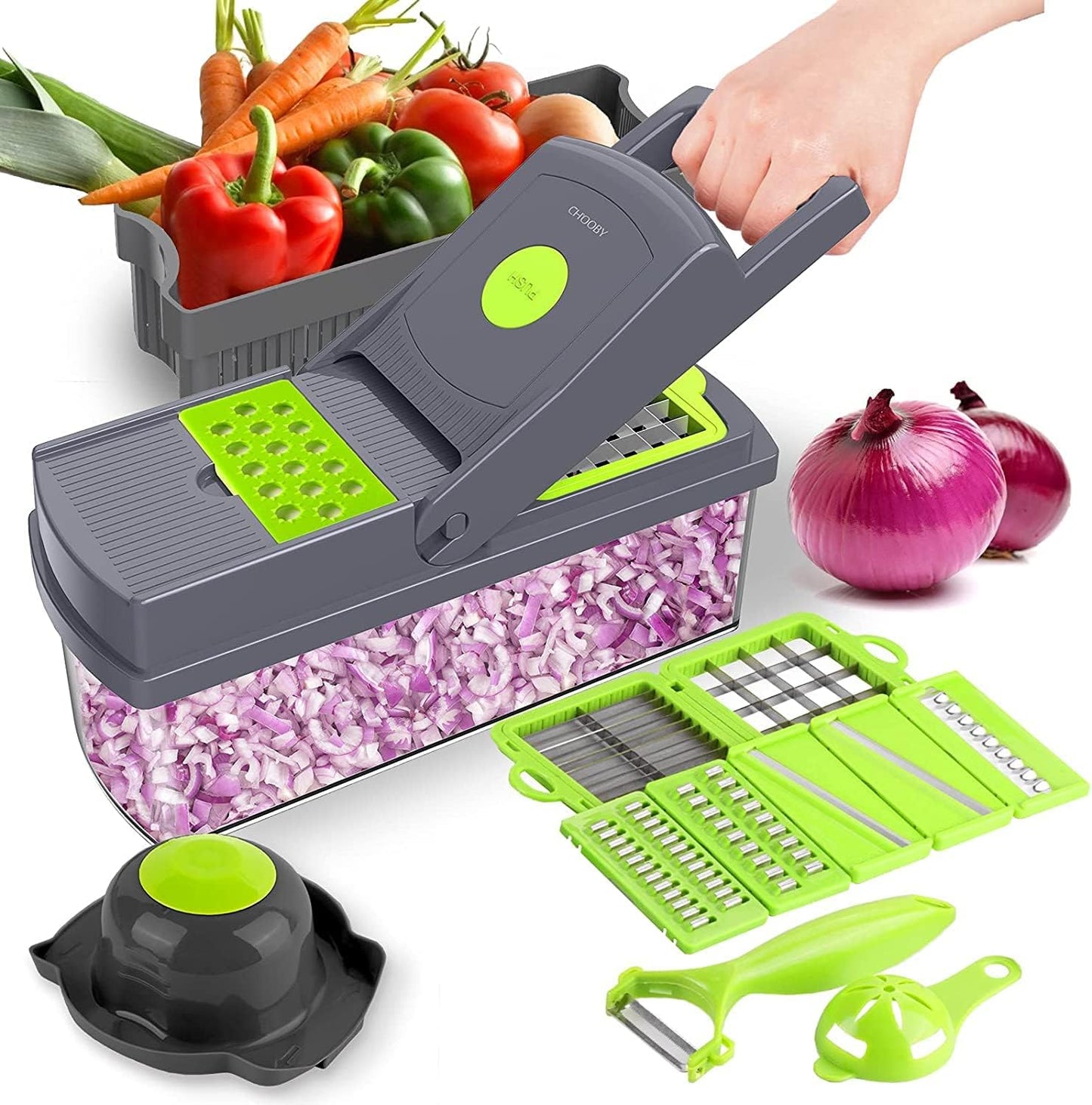 Vegetable Chopper – Multifunctional 13-in-1  Food Chopper, Onion Chopper, Vegetable Slicer,  Dicer, Cutter, 8 Blades, Colander Basket & Container for Salad,  Potato, Carrot, Veggie Prep
