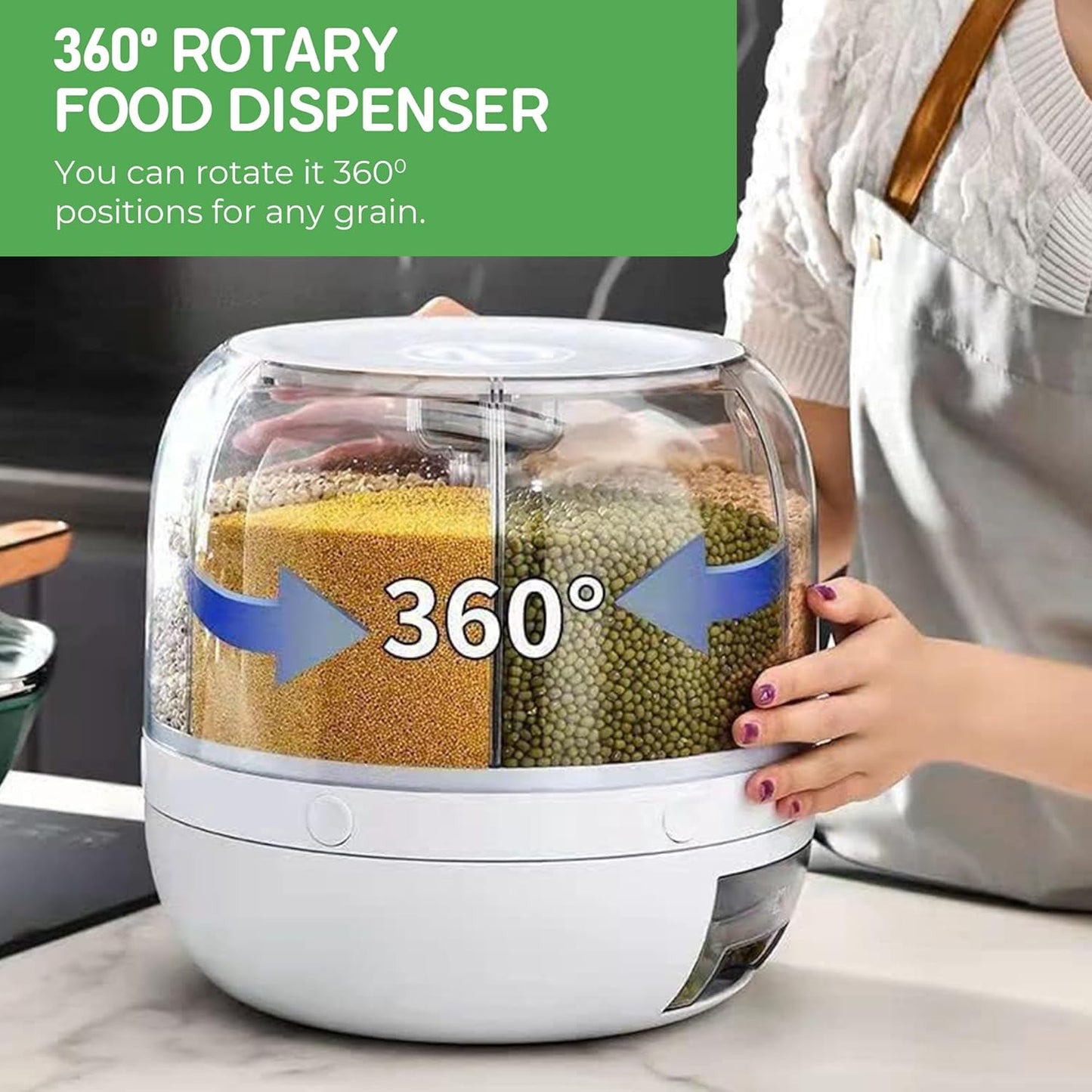 360° Rotating Dry Food Dispenser White 6-Grid 12  Lbs Round Cereal Dispenser