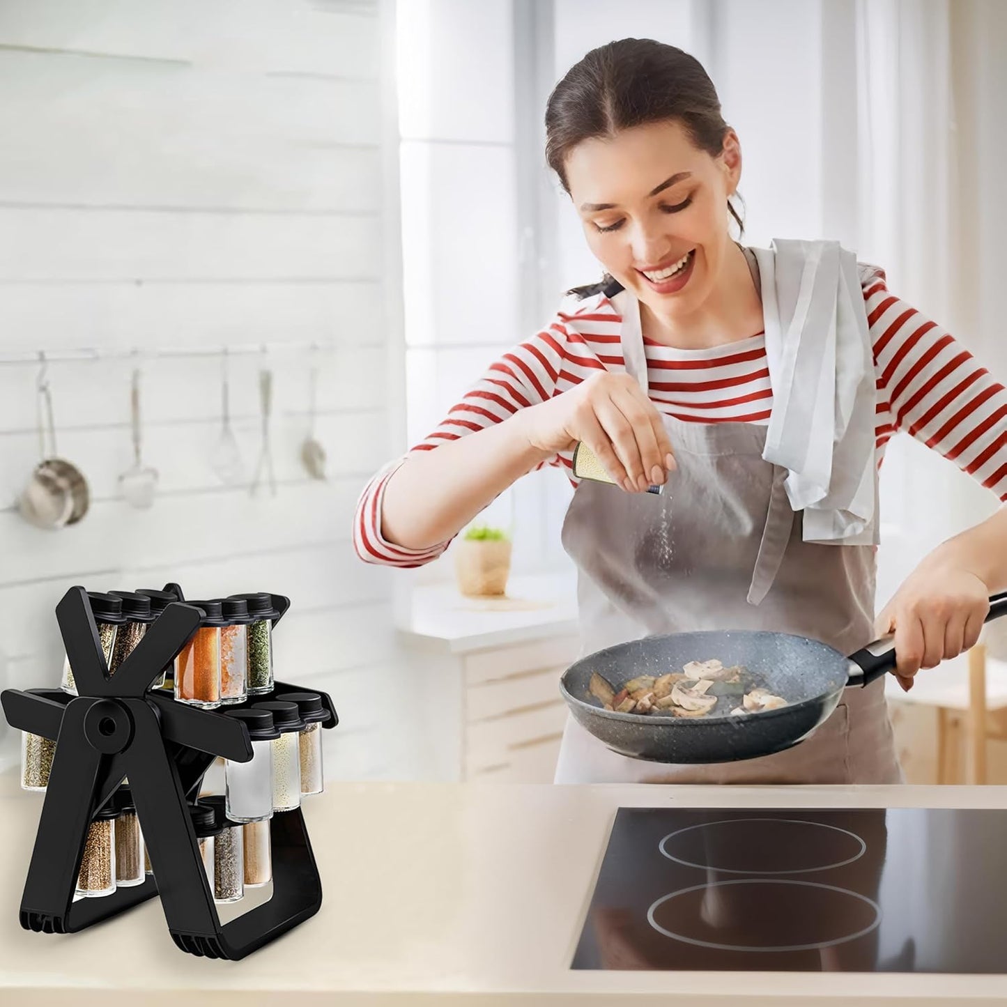 Rotating Spice Rack with 18 Jars and Kitchen Labels – Spinning Spice Rack Jar Organizer for Easy Access, Space-Saving, and Neat Storage,  Perfect for Kitchen Counters