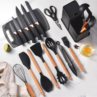 19-Piece Silicone Kitchen Utensil Set  with Stainless Steel Knives, Cutting  Board & Heat-Resistant Wooden  Handle Tools