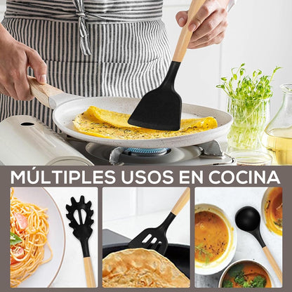 19-Piece Silicone Kitchen Utensil Set  with Stainless Steel Knives, Cutting  Board & Heat-Resistant Wooden  Handle Tools