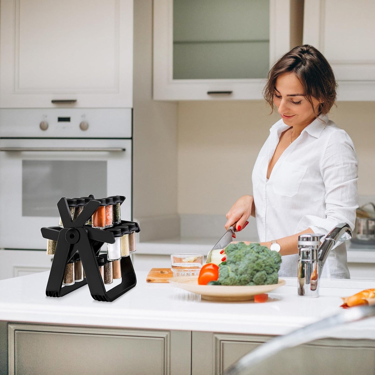Rotating Spice Rack with 18 Jars and Kitchen Labels – Spinning Spice Rack Jar Organizer for Easy Access, Space-Saving, and Neat Storage,  Perfect for Kitchen Counters