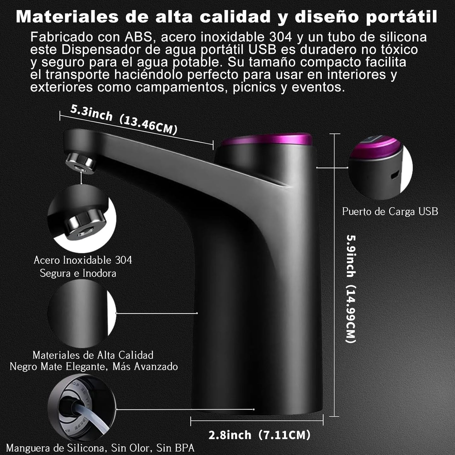 Rechargeable Electric Water Dispenser Pump – Portable USB Charging Automatic Water Bottle Pump with One-Touch Switch & Auto Shut-Off (Black)