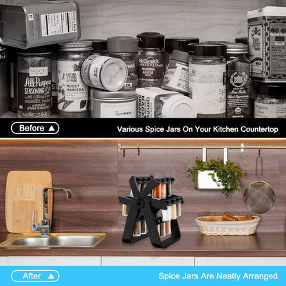 Rotating Spice Rack with 18 Jars and Kitchen Labels – Spinning Spice Rack Jar Organizer for Easy Access, Space-Saving, and Neat Storage,  Perfect for Kitchen Counters