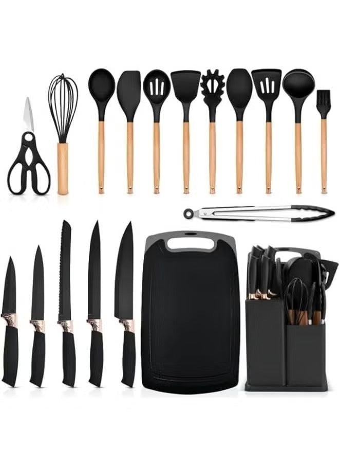 19-Piece Silicone Kitchen Utensil Set  with Stainless Steel Knives, Cutting  Board & Heat-Resistant Wooden  Handle Tools